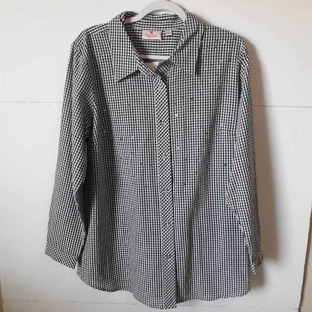 NWT Quacker Factory Gingham Colorful Embellished Button Up Tunic Top L Boho